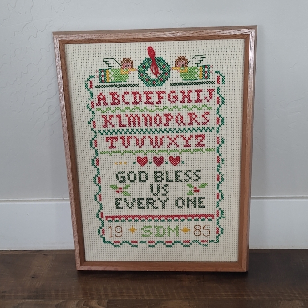 Framed Holiday Cross-Stitch Art with Red and Green Accents